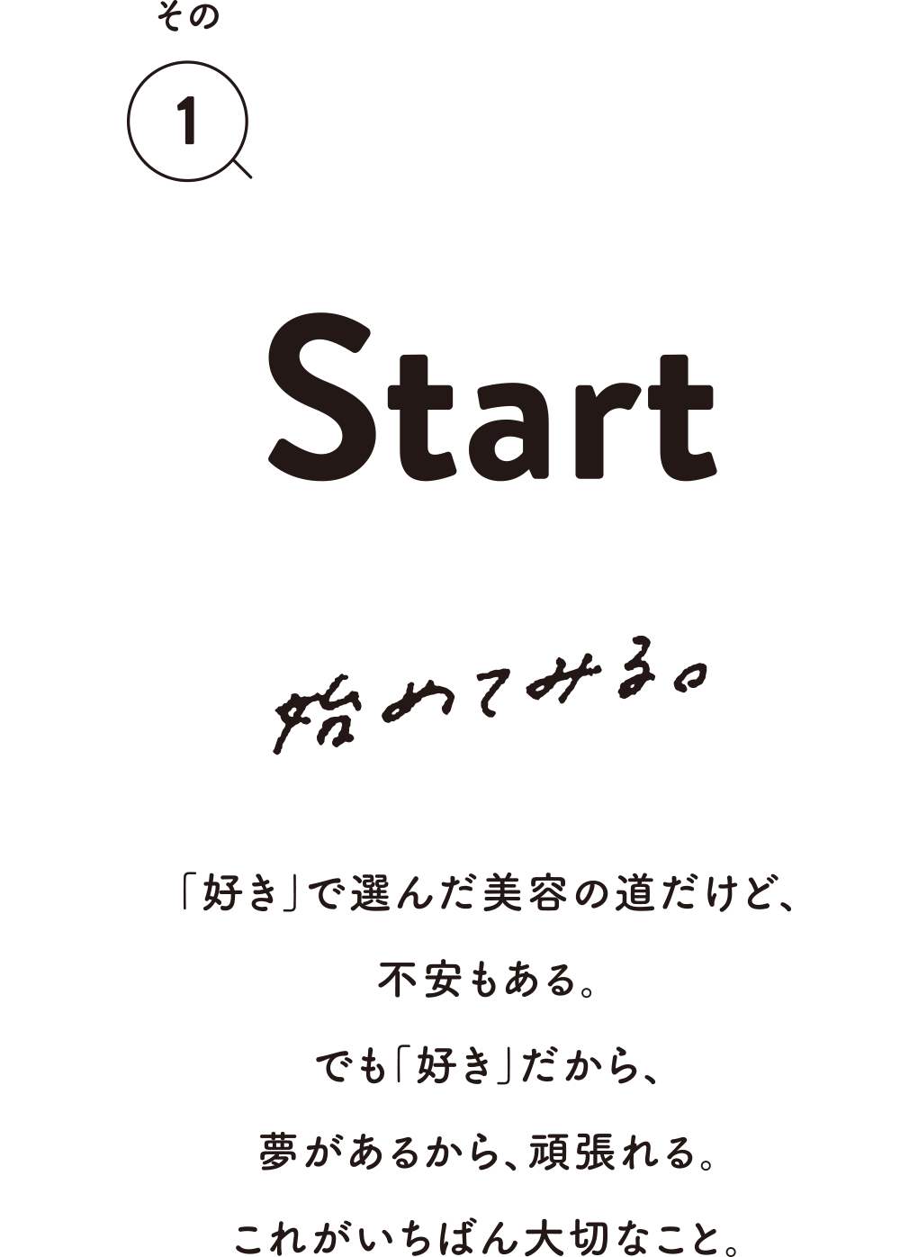 その1 Start 始めてみる。「好き」で選んだ美容の道だけど、不安もある。でも「好き」だから、夢があるから、頑張れる。これがいちばん大切なこと。