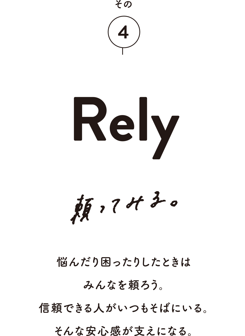 その4 Rely 頼ってみる。　悩んだり困ったりしたときはみんなを頼ろう。信頼できる人がいつもそばにいる。そんな安心感が支えになる。